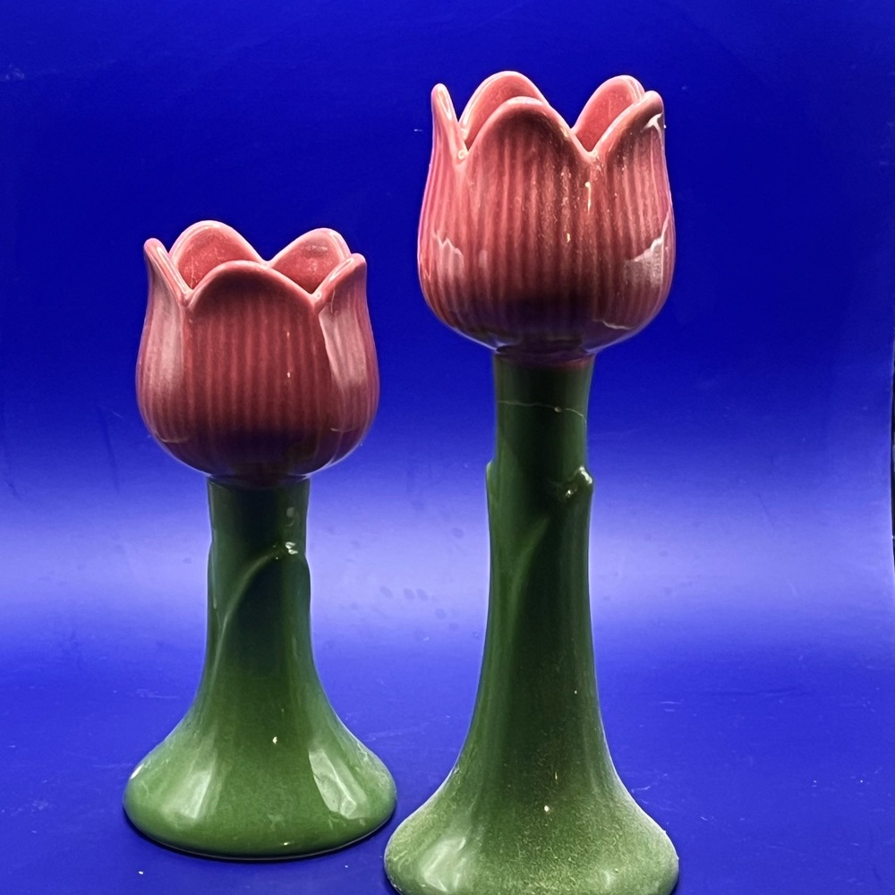 Vintage pink and green Tulip candle holders ceramic